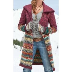 Sundance Long Maroon Multi-Color Patterned Cardigan Coat